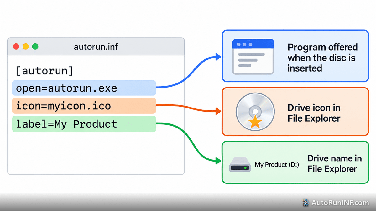 Diagram of an autorun.inf file showing what the open, icon and label lines do