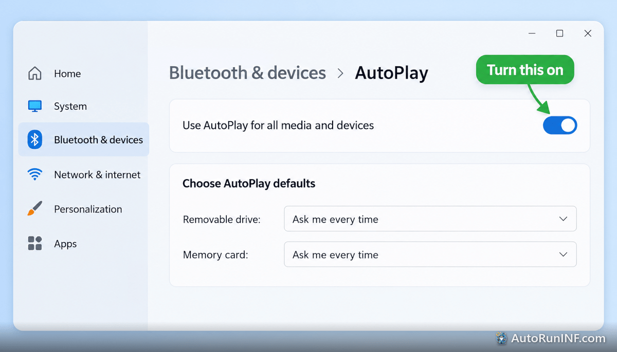 Windows Settings AutoPlay page with Use AutoPlay for all media and devices turned on