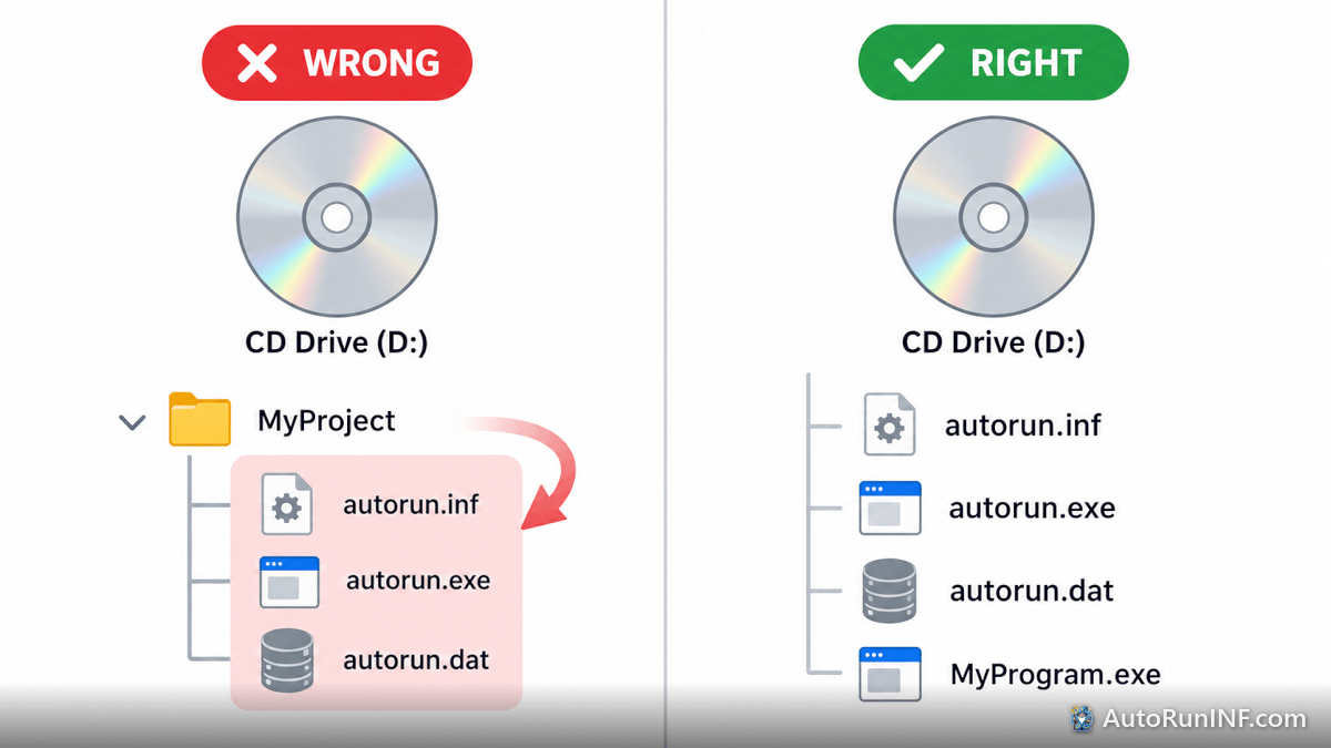 Diagram comparing a disc with AutoRun files inside a folder (wrong) and at the root of the disc (right)