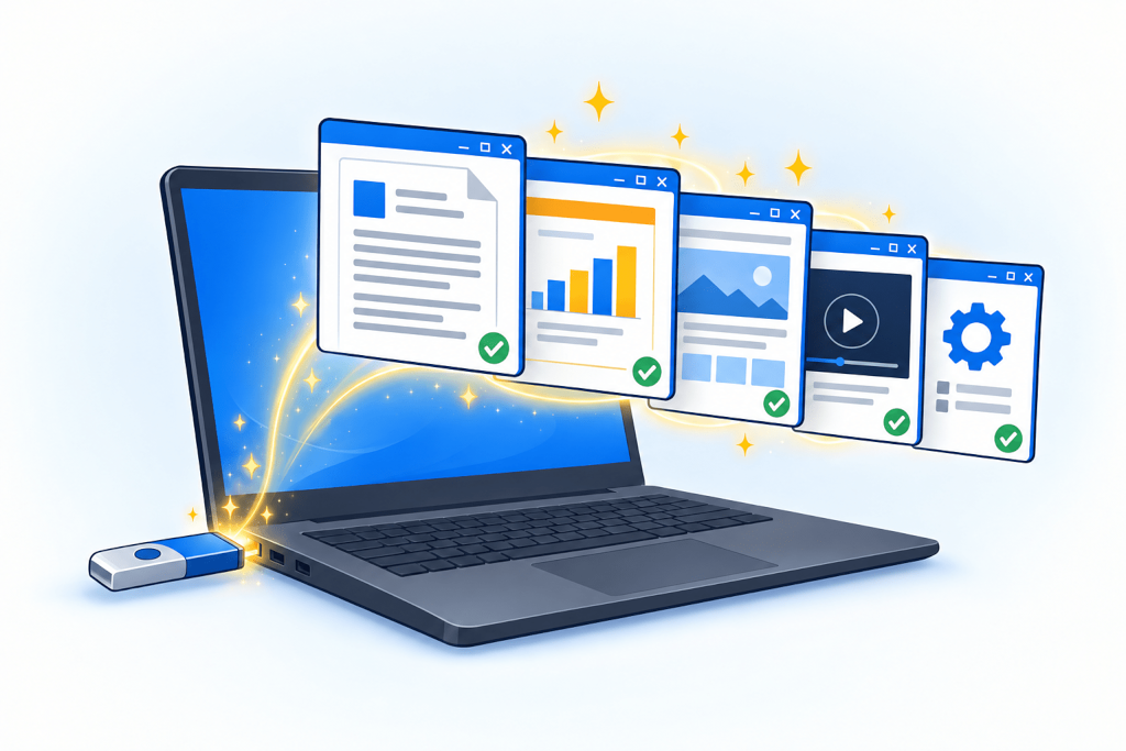 Inserting a USB drive automatically opens a document, presentation, web page, video and program in order